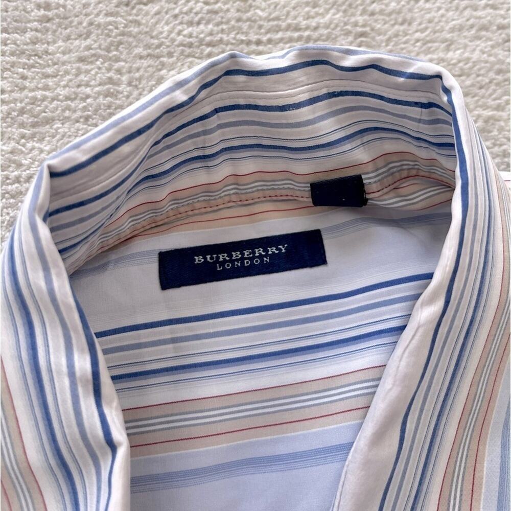Burberry London Striped Button Down Dress Shirt Size L blue, tan, white and red. - Picture 2 of 6